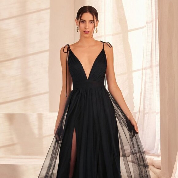 New A-Line Sleeveless Bridesmaid Dress w/ Plunging Neck & Double Slit CD SE005 - Picture 1 of 7